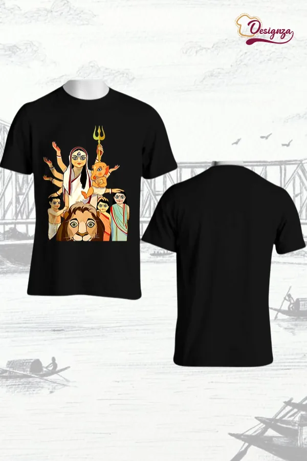 Unisex Bio-Wash Pure Cotton Bengali Typography “পূজা” Printed T-Shirt — Black