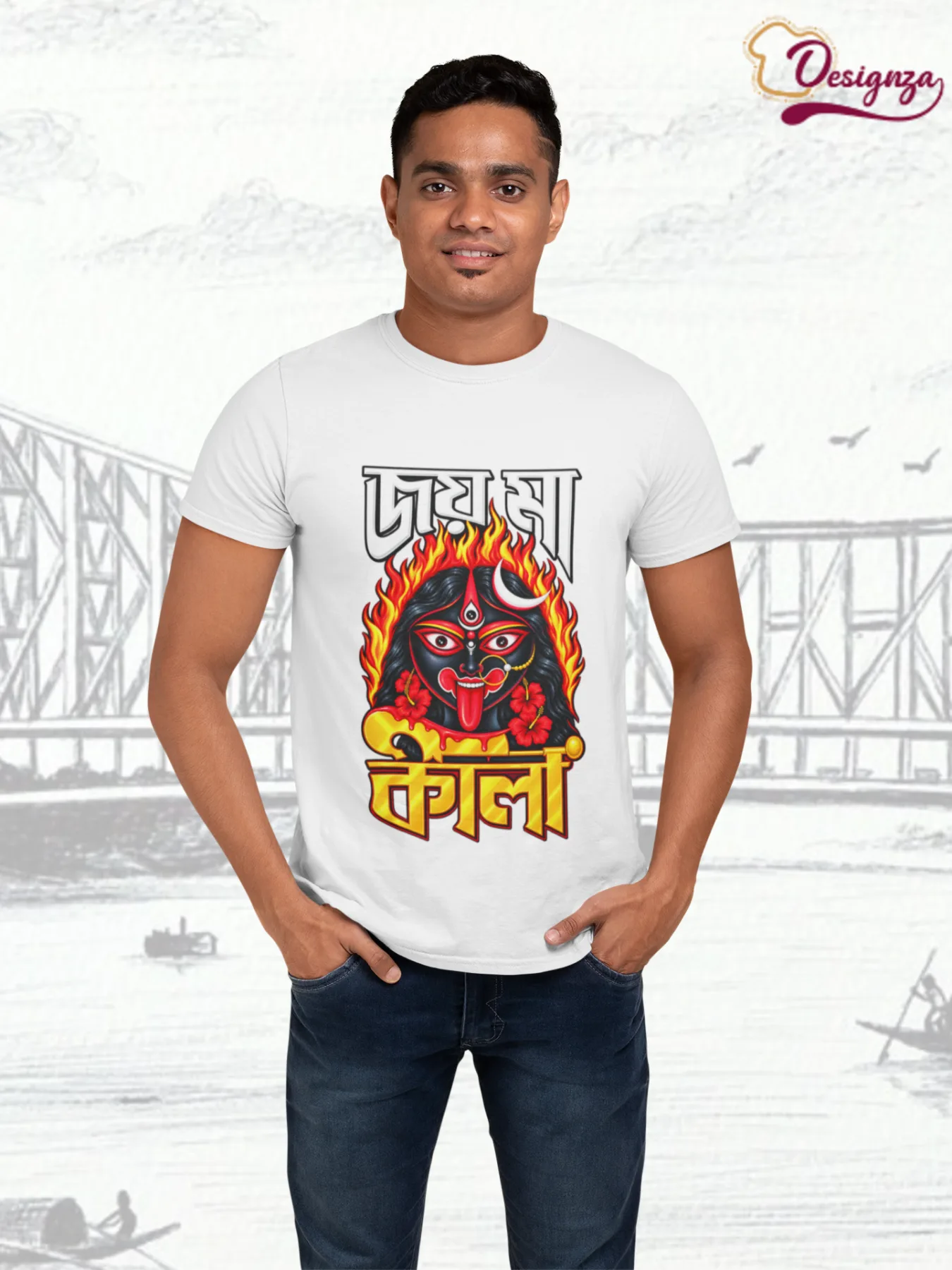 Men's pure Cotton t shirt Agomoni Joi maa kali — White