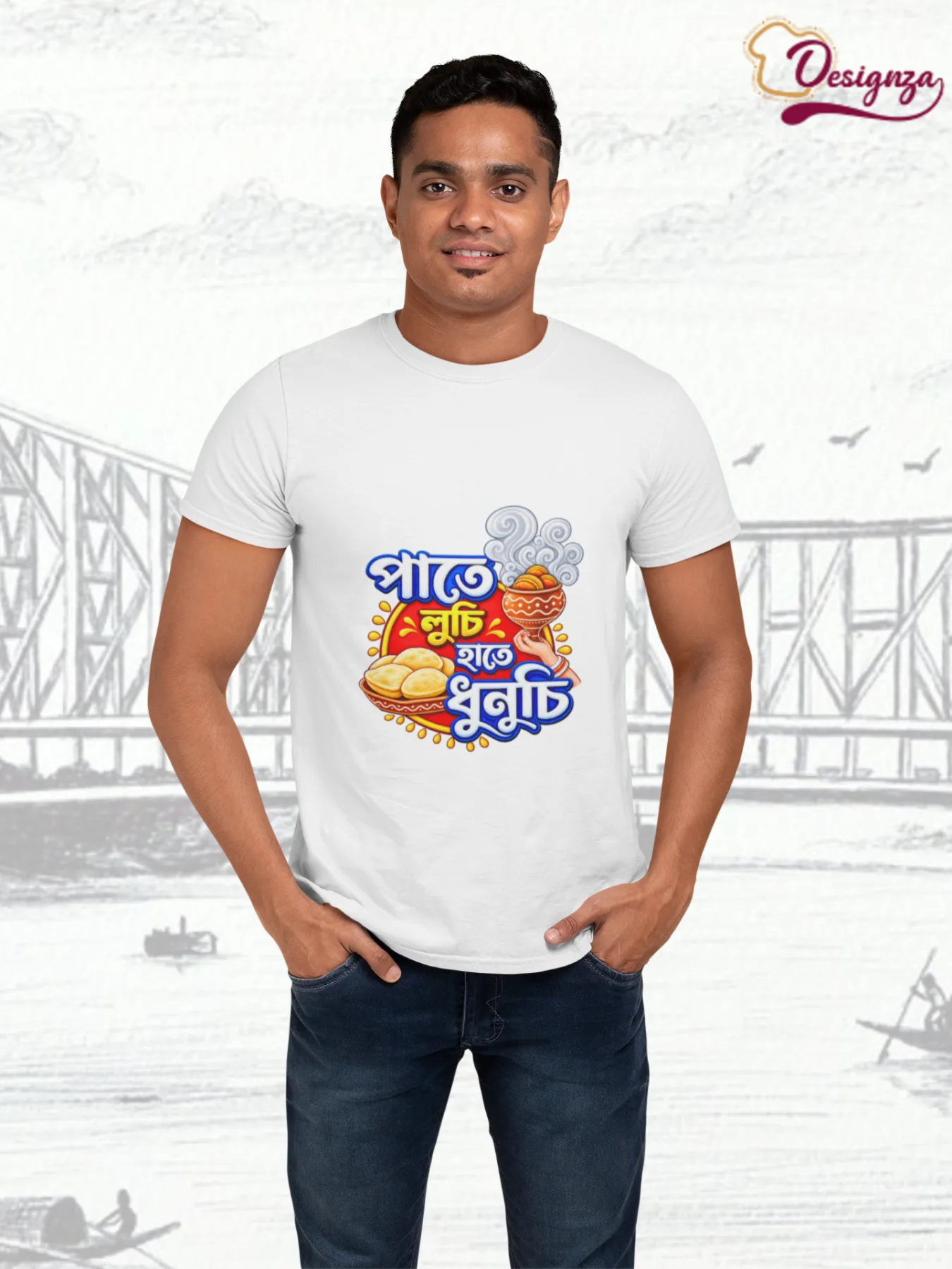 Pure Cotton t shirt Pate Luchi Hate dhunuchi — White