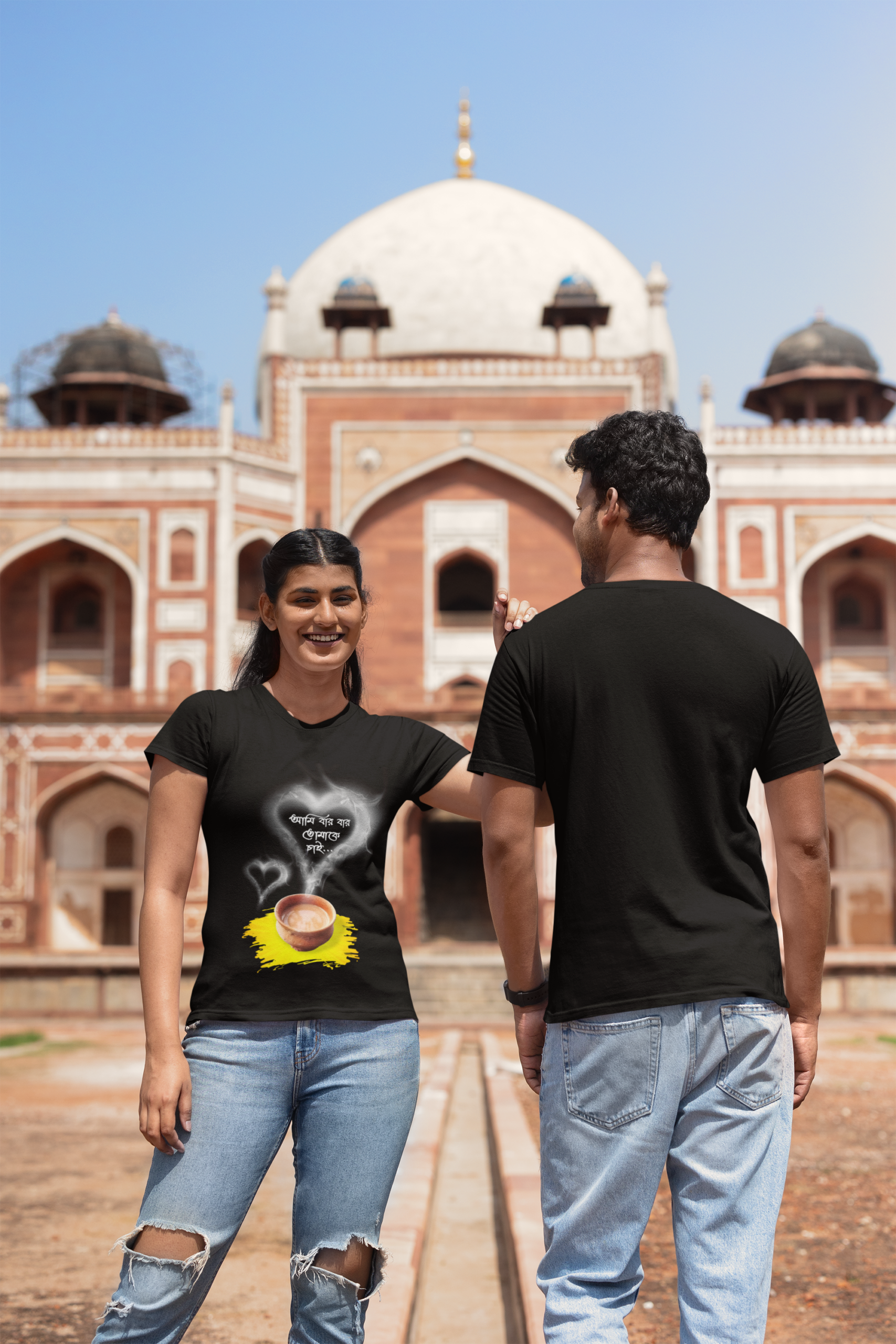Ami Bar Bar Tomake Chai : Black T-Shirt with Bengali Tea Quote Print, Heart Smoke Design, Short Sleeve - Image 5