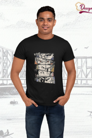 Designza Unisex Anime Character Panel Graphic 100% Cotton Black T-Shirt, Short Sleeve, Round Neck,