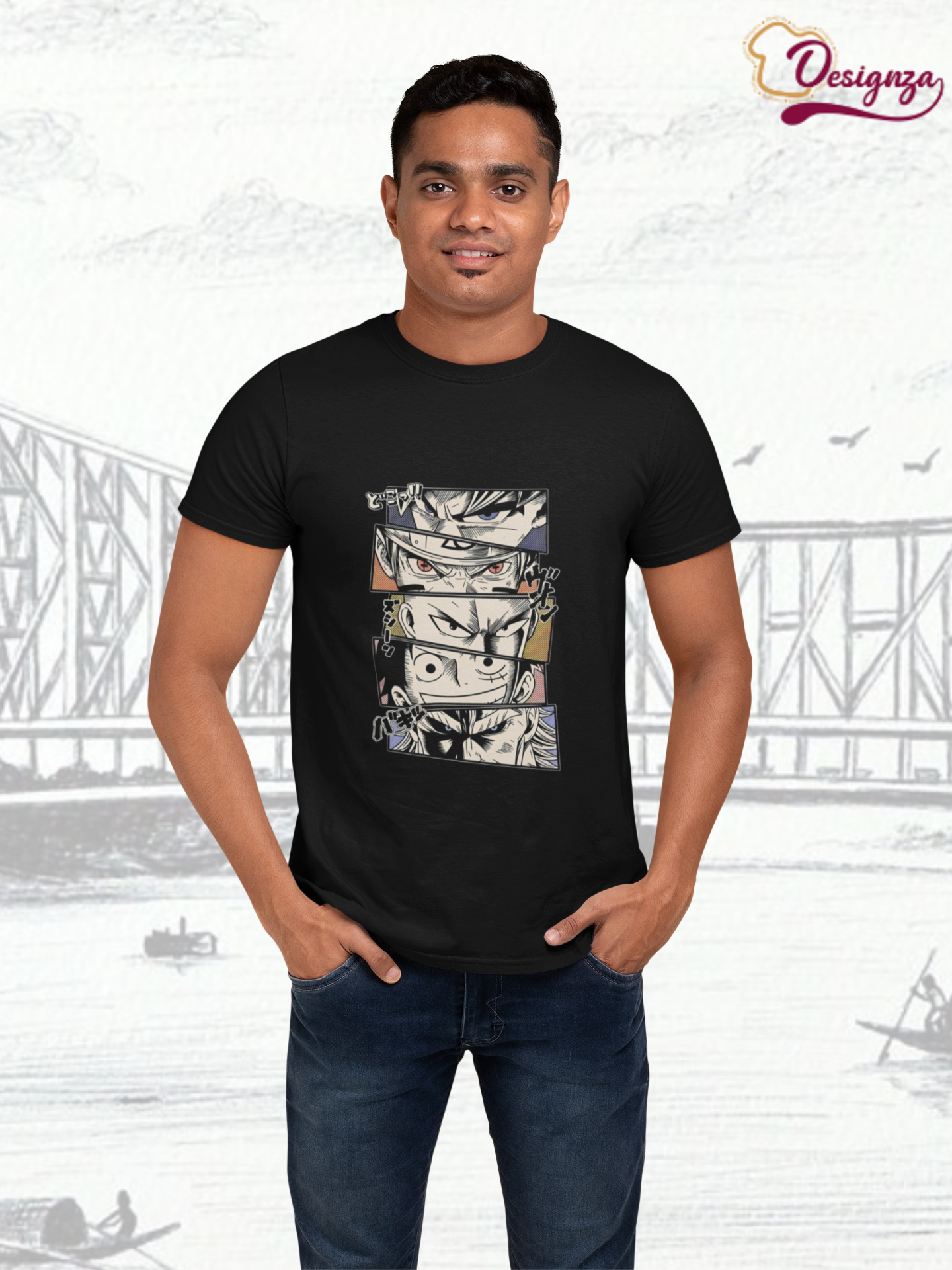 Designza Unisex Anime Character Panel Graphic 100% Cotton Black T-Shirt, Short Sleeve, Round Neck,