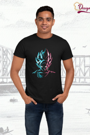 Designza Unisex Black 100% Cotton T-Shirt with Neon Blue Pink Anime Character Graphic Print, Short Sleeve, Round Neck