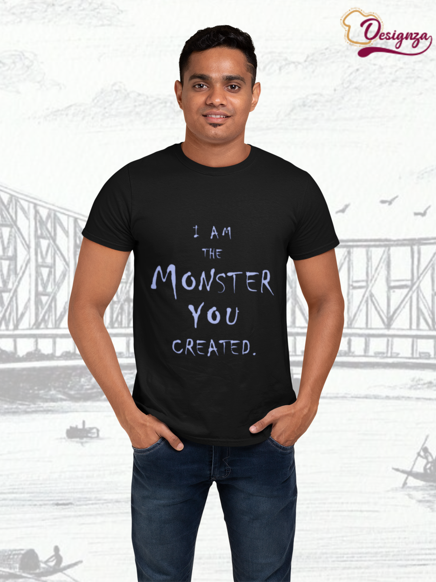 Designza Unisex Men's 100% Cotton Black T-Shirt with I Am The Monster You Created Quote Print, Short Sleeve Round Neck