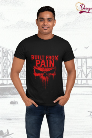 Designza Unisex Built from Pain Graphic Print, 100% Cotton, T-Shirt Black Skull Design, Round Neck, Short Sleeve
