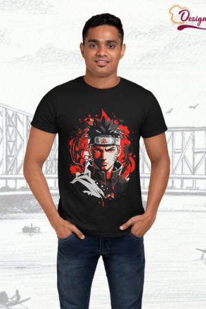 Designza Unisex Anime Graphic,Print Black 100% Cotton T-Shirt, Red and Grey Design, Round Neck, Short Sleeve