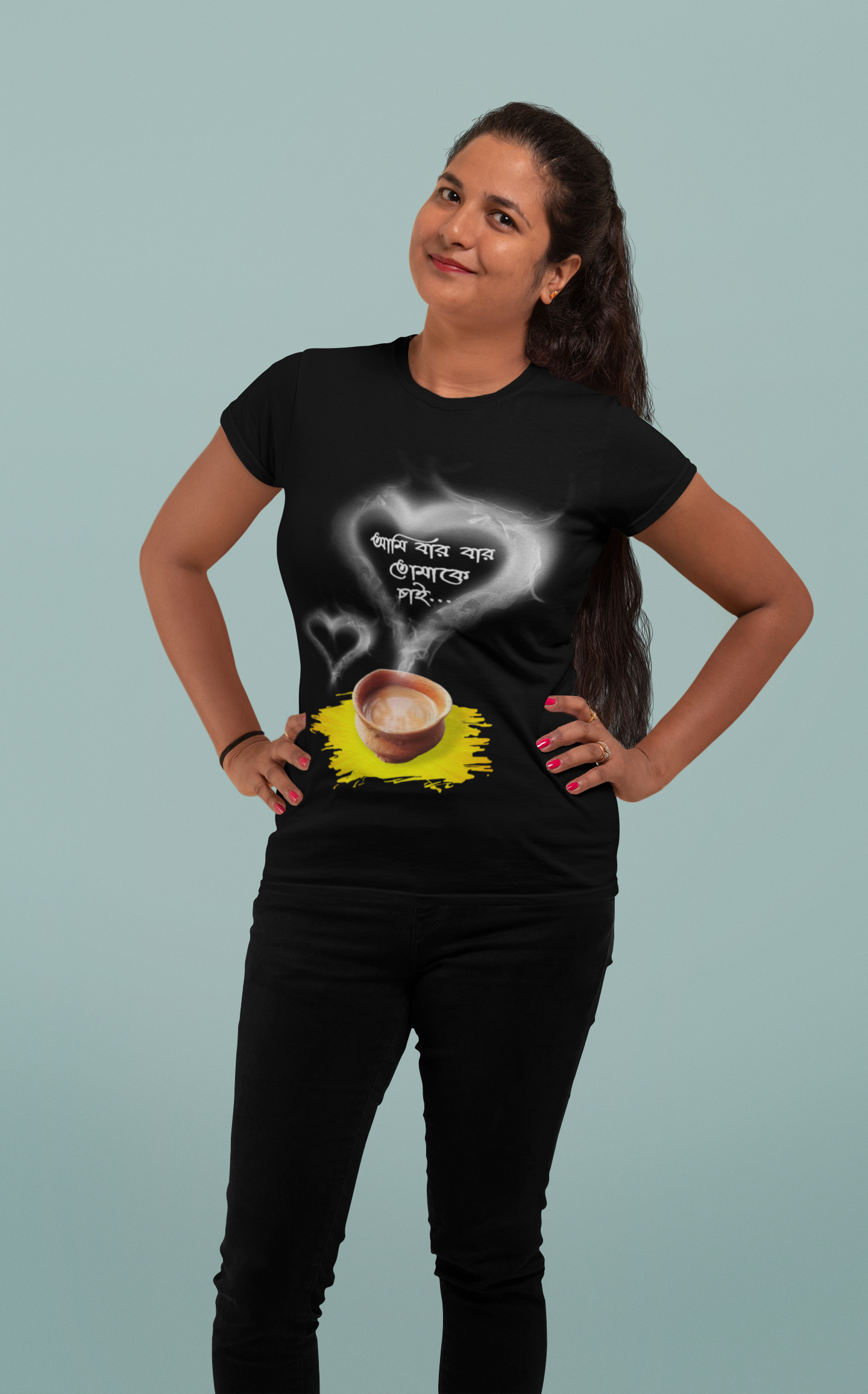 Ami Bar Bar Tomake Chai : Black T-Shirt with Bengali Tea Quote Print, Heart Smoke Design, Short Sleeve - Image 3